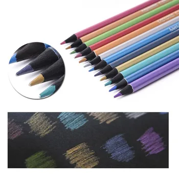 12 Цветов Цветные карандаши цвета металлик, золотые, серебряные, карандаши цвета черного дерева, ручка для рисования, школьные принадлежности для художников