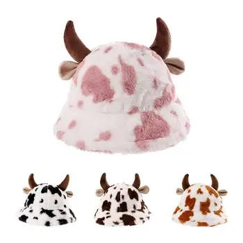 1Шт Женская модная зимняя новая креативная шляпа-ведро с рисунком коровы в форме Бычьего рога, плюшевая утолщенная теплая персонализированная шляпа-ведро