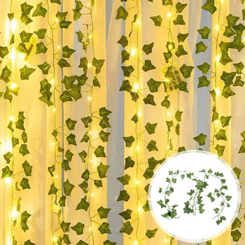 2-метровая искусственная лоза из кленовых листьев, подвесная лоза из зеленых листьев с 20-светодиодной гирляндой, Пластиковая лоза из кленовых листьев для декора сада