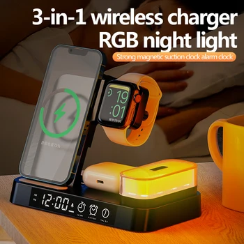 2022 Будильник RGB Night Light Беспроводная Зарядная Станция 3 в 1 Быстрое Зарядное Устройство для AirPods Pro iPhone 13/12 Apple Watch
