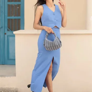 2023 Bazaleas Магазин Traf Платье Юбка Костюм Синяя юбка Миди Комплект из 2 предметов Летнее элегантное платье с разрезом женские платья Официальные