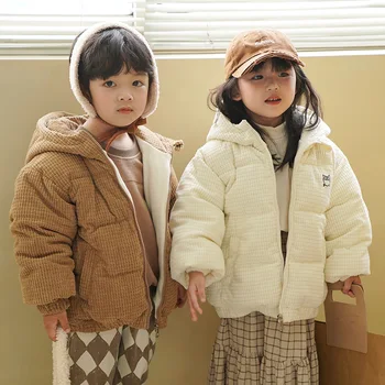 2023 Зимние детские утепленные пальто с капюшоном с вышивкой совы, Меховые куртки на подкладке для мальчиков, парки на молнии для девочек