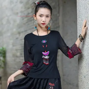 2023 китайская традиционная футболка с круглым вырезом, сетчатая рубашка с национальной цветочной вышивкой, китайские топы hanfu, восточный костюм тан, базовая рубашка