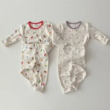 2023 Корея, Весенне-осенняя пижама для маленьких девочек, стрейчевый брючный костюм с цветочным рисунком из мультфильма, пуловер, Мягкая рубашка, пижама для маленьких девочек