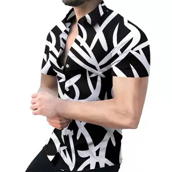 2023 Летний новый мужской повседневный топ с отворотом большого размера, модные мужские Гавайские пляжные рубашки в полоску, рубашка с коротким рукавом и цветочным принтом, Camisa