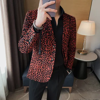 2023 Новый мужской приталенный пиджак с леопардовым принтом, однобортный модный блейзер на двух пуговицах для выступлений и вечеринок