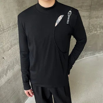 2023 Осенние футболки с полувысоким воротником в корейском стиле, мужские повседневные свободные футболки с петлями из искусственной кожи для мужчин, размер M-XL