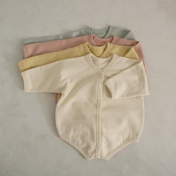 2023 Осенний детский боди на пуговицах, Хлопковая одежда с длинным рукавом для мальчиков и девочек, Однотонный свитер для новорожденных, детское пальто, Верхняя одежда