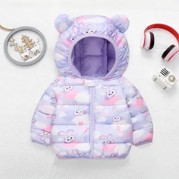 2023 Осень Зима Новый Мультяшный Кролик, Милая теплая куртка для девочек, пуховик с капюшоном, Верхняя одежда для малышей