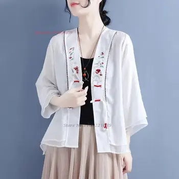 2023 традиционная китайская винтажная блузка с цветочной вышивкой, свободное пальто из восточного хлопка и льна, двухслойная блузка в стиле ретро дзен