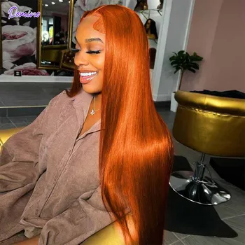 30-дюймовый Рыжевато-Оранжевый парик на шнурке из человеческих волос с прямой косточкой 13x4 Прозрачный парик на шнурке из Бразильских волос Remy Baby