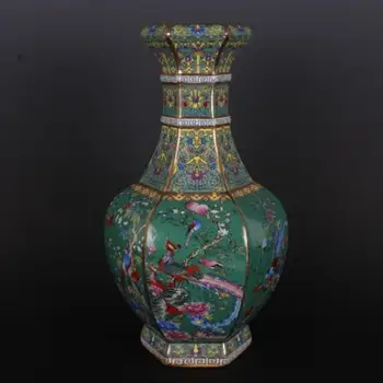 33 см Фарфоровая цветная эмаль, Фарфоровая позолоченная ваза с четырехсезонными цветами и птицами, с шестью сторонами