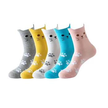 5 Пар хлопчатобумажных носков средней длины с мультяшным котом, Мужские Женские зимние шерстяные носки, нескользящие компрессионные носки Sokken, кальцетины Harajuku на открытом воздухе