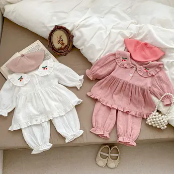 7199 Комплект детской одежды Осень 2023, Новый домашний костюм для младенцев, простой вишневый воротник с вышивкой, костюм для девочки, рубашка + брюки, комплект из двух предметов