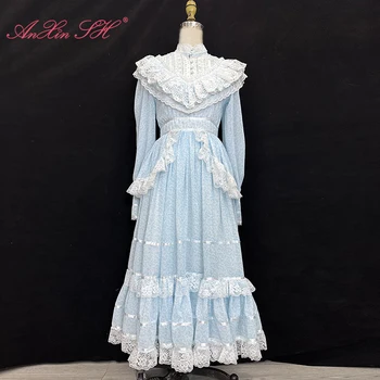 AnXin SH princess, французское кружево с голубым цветком, высокий вырез, пуговицы, расшитые бисером, оборки для чаепития, старинное вечернее платье трапециевидной формы с длинным рукавом