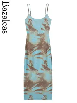 bazaleas store traf Сексуальное цельнокроеное платье с синим принтом, сетчатые женские платья с открытой спиной, обтягивающее платье с разрезом, официальное предложение