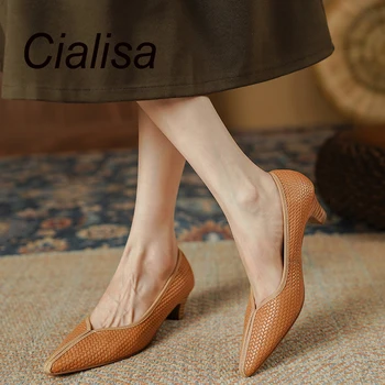 Cialisa / Осенняя женская обувь 2023, Модная дизайнерская обувь из натуральной кожи с острым носком, Вечерние платья ручной работы, Женские туфли-лодочки на среднем каблуке