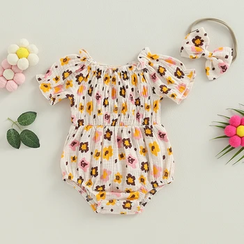 Citgeett Летняя одежда для новорожденных девочек, боди с коротким рукавом и цветочным принтом, повязка на голову с бантом, повседневная одежда