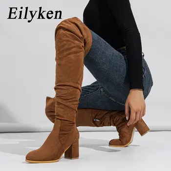 Eilyken/ Женские ботфорты выше колена на молнии из флока в стиле ретро; Модные свадебные туфли на высоком каблуке; Длинные мотоциклетные ботильоны;
