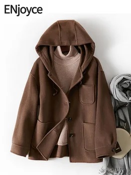 Enjoyce Женское винтажное однобортное шерстяное пальто с капюшоном, повседневная Кашемировая Корейская модная двусторонняя куртка с капюшоном, Осень-зима