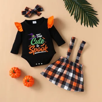Halloween Children's Long Sleeve  Letter Romper  + Lattice Strap Skirt Set Roupa Infantil Para Meninas муслиновая одежда детям