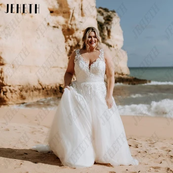 JEHETH Beach, большие размеры, свадебные платья для женщин, платья для невесты без рукавов, на шнуровке сзади, с аппликацией из тюля трапециевидной формы, vestido de noiva