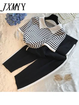 JXMYY/ Комплект из двух предметов, женские летние трикотажные полосатые футболки с коротким рукавом + брюки полной длины с эластичной талией