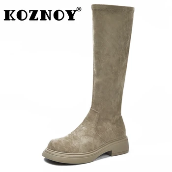 Koznoy 5 см 2023 Тонкие Осенние пинетки из эластичной весенней эластичной ткани с круглым носком, модные женские ботинки на высоком каблуке выше колена