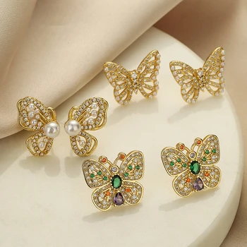 Mafisar Новые Модные Золотые серьги-гвоздики в 3 стилях с бабочками для женщин и девочек, роскошные Ювелирные аксессуары с жемчугом и фианитами для вечеринок