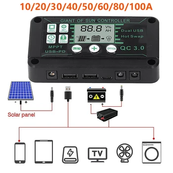 MPPT Контроллер Заряда Солнечной Батареи 100A/80A/60A/50A/40A/30A/10A 12V 24V Регулятор Батареи Солнечной Панели С Двумя Портами USB ЖК-дисплеем