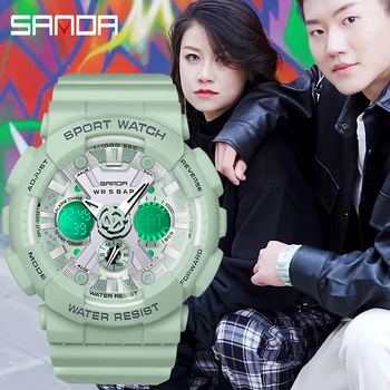 SANDA Повседневные модные женские часы Многофункциональный хронограф Часы с двойным дисплеем 2023 Спортивные Электронные часы Reloj Mujer