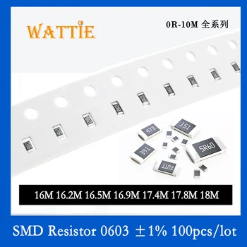 SMD резистор 0603 1% 16M 16.2M 16.5M 16.9M 17.4M 17.8M 18M 100 шт./лот микросхемные резисторы 1/10 Вт 1.6 мм * 0.8 мм высокой мегомности