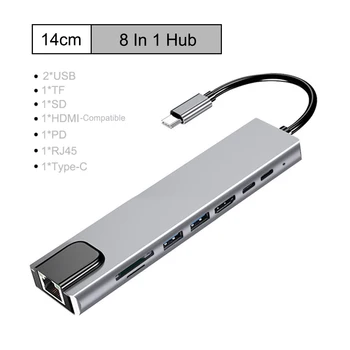 USB C Концентратор 8 В 1 Type C, совместимый с HDMI Адаптером от 3.1 До 4K, с Устройством Чтения Карт RJ45 SD/TF, Быстрой Зарядкой PD для Портативных ПК MacBook