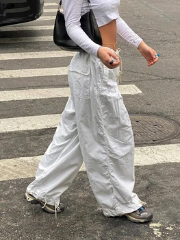 Y2K Повседневные мешковатые широкие спортивные брюки, Белые свободные завязки с низкой талией, уличная одежда, брюки-карго, женские брюки-джоггеры в стиле хиппи