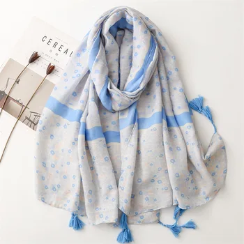 Yitao Foreign Trade Экспортирует французский шарф из хлопка и льна в стиле светской львицы, шарф-шаль с мелкими синими цветами и мягкой кисточкой для женщин