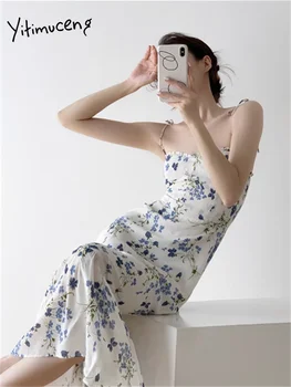 Yitimuceng Цветочное платье Миди для женщин 2023, Новое модное летнее платье на бретельках, Шикарные Винтажные платья без спинки во французском стиле