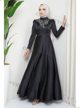 Аппликации Мусульманские Вечерние Платья С Длинным Рукавом Исламское Вечернее Платье С Высоким Вырезом Хиджаб Женщины Арабский Кафтан Robe De Soiree