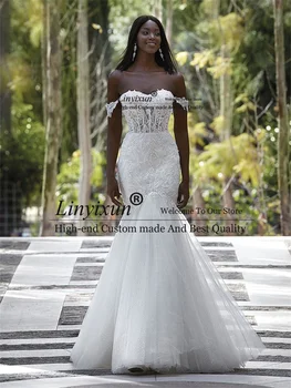 Африканские кружевные свадебные платья для чернокожих девушек с аппликациями, свадебное платье Русалки, шлейф с открытыми плечами, Vestidos de novia