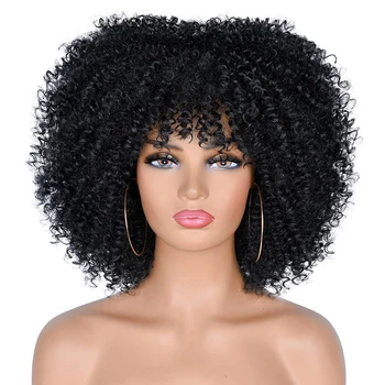 Афро-кудрявый кудрявый парик для чернокожих женщин, черные короткие кудрявые афро-парики с челкой, 14-дюймовый синтетический кудрявый парик для ежедневного использования