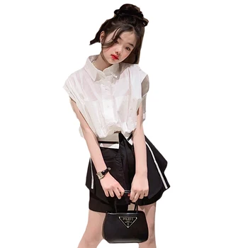 Белая рубашка на девочку от 8 до 10 лет, топы + черные шорты, модная Детская Летняя Корейская одежда, уличная одежда для девочек-подростков с коротким рукавом, двойка