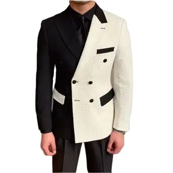 Белый Черный блейзер с брюками, двубортная мужская свадебная одежда, социальный костюм, костюм Homme, 2 предмета, куртка, брюки, мужские костюмы