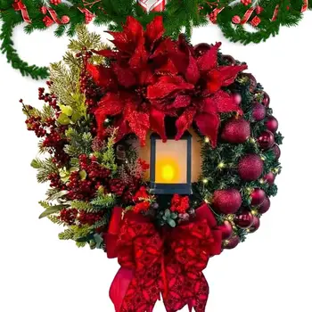 Беспроводной искусственный Рождественский венок Беспроводной светодиодный венок с искусственным цветком, плетеный венок из ротанга и падуба для спальни