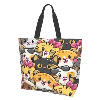 Бесшовный узор с изображением милого кота из мультфильма, сумки-тоут для женщин, Многоразовые продуктовые сумки, большие хозяйственные сумки