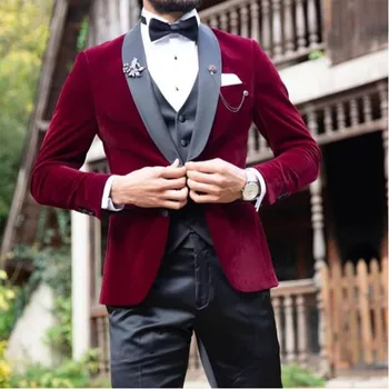 Бордовый бархатный мужской костюм для выпускного вечера, блейзер для ужина из 3 предметов, жилет с черными брюками, элегантная шаль с лацканами, свадебный смокинг для жениха