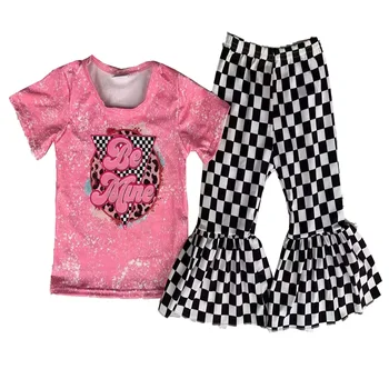 Бутик летней одежды для маленьких девочек, милый розовый костюм для девочек, футболка с буквенным принтом, черно-белые клетчатые расклешенные брюки, комплект из 2 предметов