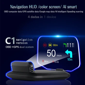 Версия навигации C1 HUD Зеркало заднего вида автомобиля Фронтальный дисплей HUD OBD2 GPS Двойные системы Спидометр Предупреждение о превышении скорости сигнализация оборотов в минуту