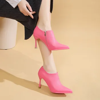 Весна 2023, новые кожаные туфли с острым носком на тонком каблуке, женские туфли на молнии сбоку