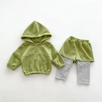 Весна и осень 2023 года, Новый дизайн, зеленый топ с капюшоном для маленьких мальчиков и девочек + Многослойная Спортивная одежда, Полосатые леггинсы