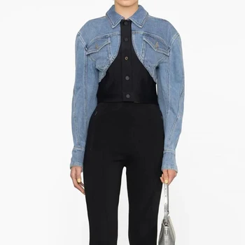 Высококачественная женская одежда, летняя новинка, Цветовая гамма, облегающая джинсовая куртка с коротким воротником, модный роскошный джинсовый топ
