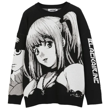 Вязаная мужская уличная одежда в стиле хип-хоп с рисунком Аниме в японском стиле, свитер Harajuku, Винтажный хлопковый пуловер 2024 года, свитера Мужские